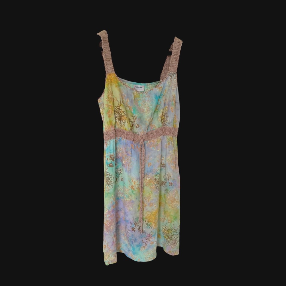 Y2K Boho Fairy Tie Dye Floral Gold Filigree Mini Dress Crochet Straps Rayon